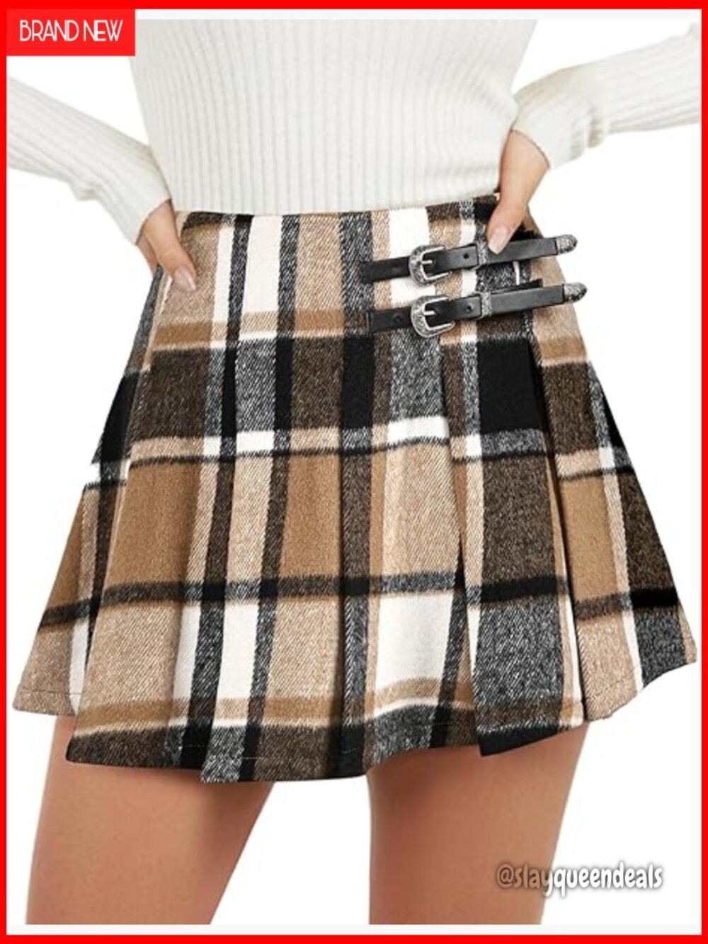 Pleated Plaid Mini Skirt with Built-in Shorts High Waist A-Line Wool
